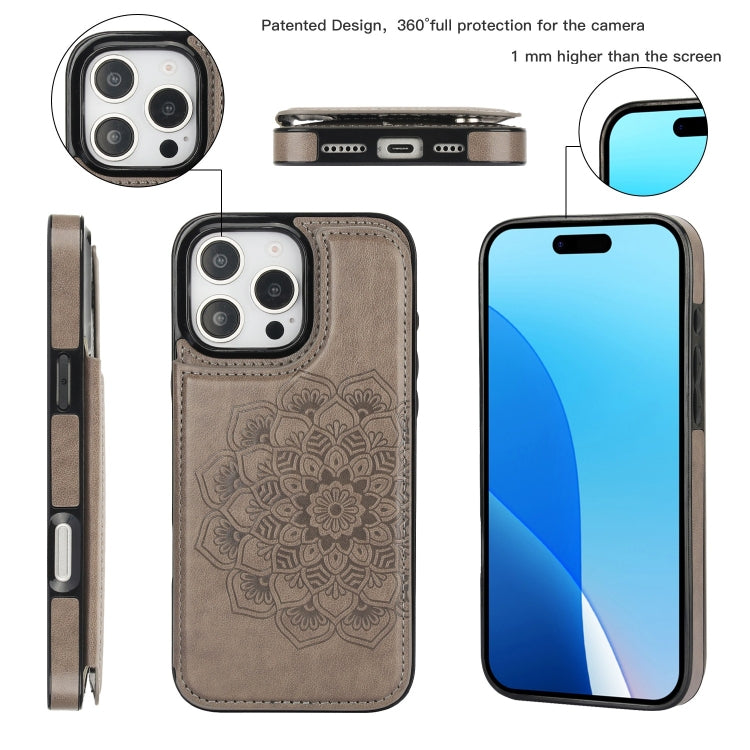 For iPhone 16 Pro Max Double Buckle Mandala Leather Wallet Back Cover Phone Case(Grey) - iPhone 16 Pro Max Cases by buy2fix | Online Shopping UK | buy2fix