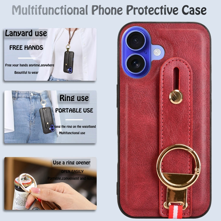 For iPhone 16 Wristband Leather Back Phone Case(Red) - iPhone 16 Cases by buy2fix | Online Shopping UK | buy2fix