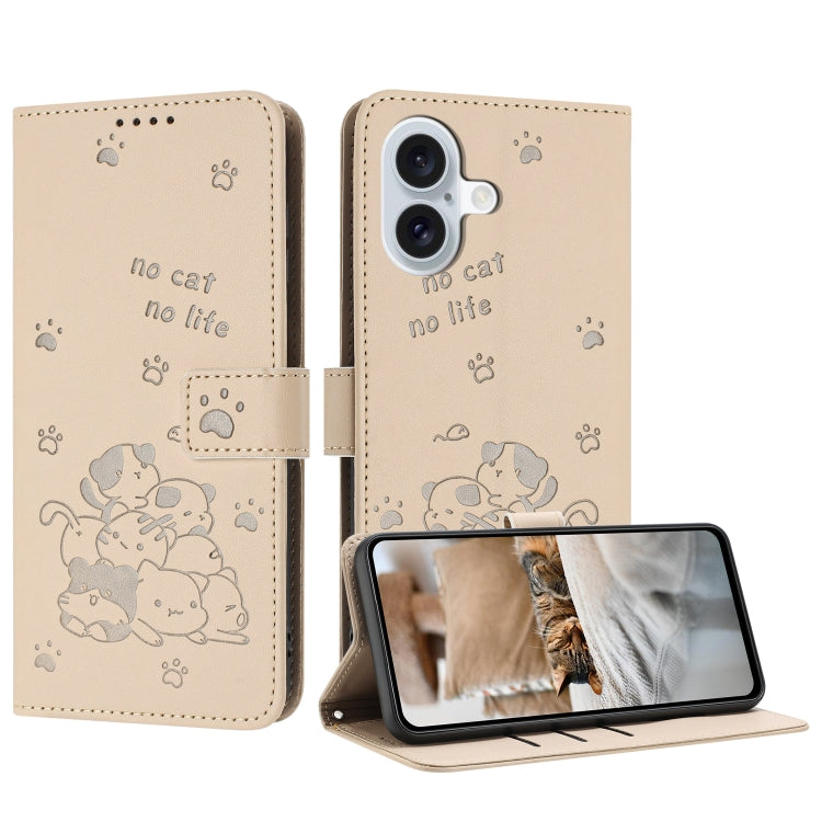 For iPhone 16 Plus Embossed Kitten Phone Leather Case with Lanyard(Beige) - iPhone 16 Plus Cases by buy2fix | Online Shopping UK | buy2fix