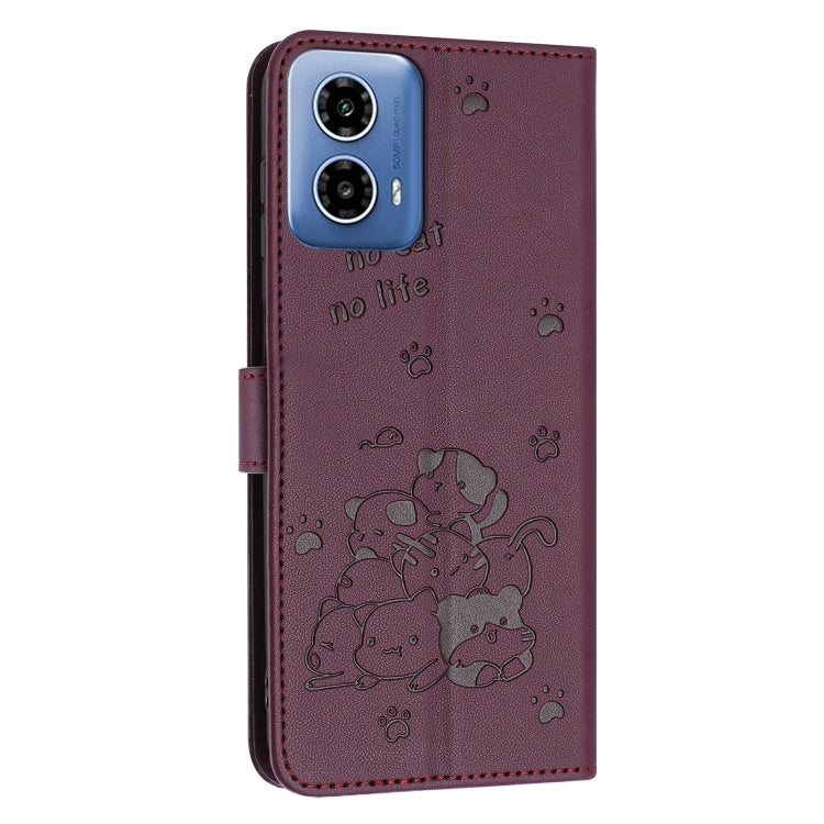 For Motorola Moto G 5G 2024 Embossed Kitten Phone Leather Case with Lanyard(Wine Red) - Motorola Cases by buy2fix | Online Shopping UK | buy2fix