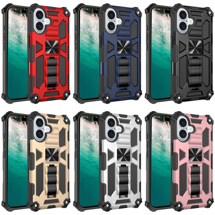 For iPhone 16 Armor Shockproof TPU Hybrid PC Magnetic Phone Case with Holder(Blue) - iPhone 16 Cases by buy2fix | Online Shopping UK | buy2fix