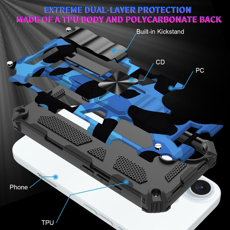 For iPhone 16 Plus Camouflage Armor Kickstand TPU Hybrid PC Magnetic Phone Case(Blue) - iPhone 16 Plus Cases by buy2fix | Online Shopping UK | buy2fix