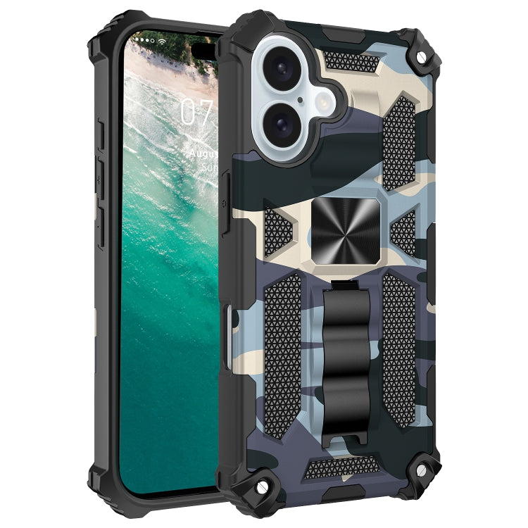 For iPhone 16 Camouflage Armor Kickstand TPU Hybrid PC Magnetic Phone Case(Navy Blue) - iPhone 16 Cases by buy2fix | Online Shopping UK | buy2fix