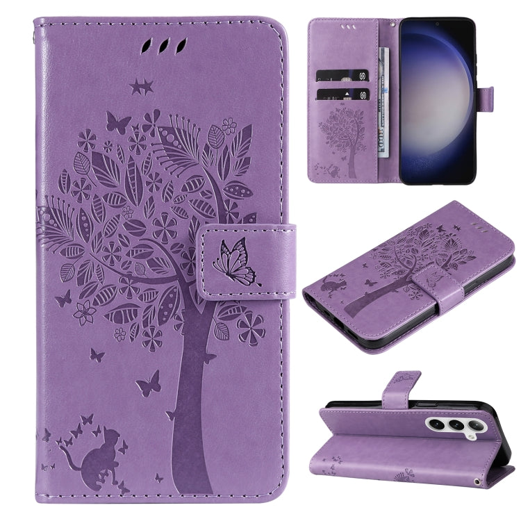 For Samsung Galaxy S25+ / S24+ 5G Tree & Cat Embossed Pattern Flip Leather Phone Case(Light Purple) - Galaxy S25+ 5G Cases by buy2fix | Online Shopping UK | buy2fix