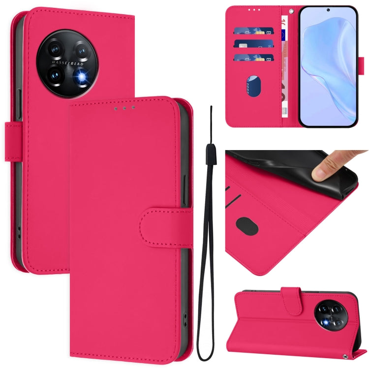 For OnePlus 11 Skin Feel Solid Color Leather Phone Case with Lanyard(Rose Red) - OnePlus Cases by buy2fix | Online Shopping UK | buy2fix