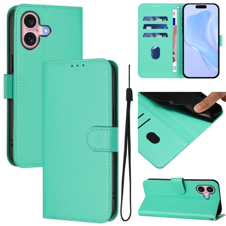 For iPhone 16 Skin Feel Solid Color Leather Phone Case with Lanyard(Green) - iPhone 16 Cases by buy2fix | Online Shopping UK | buy2fix