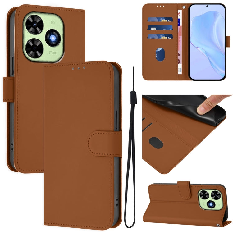 For Tecno Spark Go 2024 4G Skin Feel Solid Color Leather Phone Case with Lanyard(Brown) - Tecno Cases by buy2fix | Online Shopping UK | buy2fix