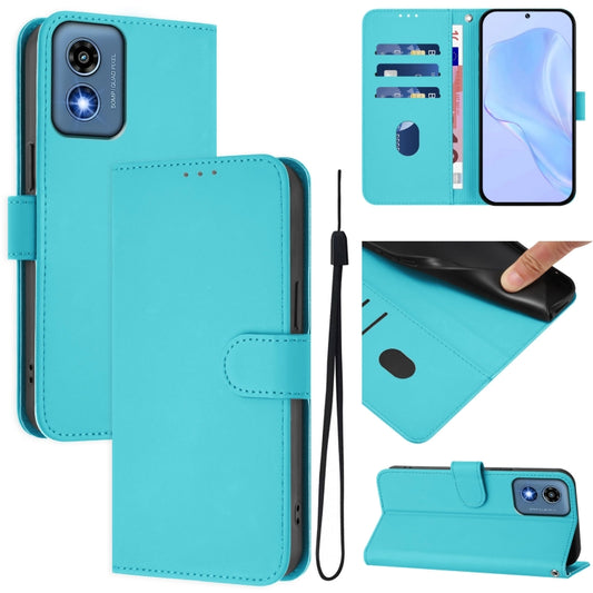 For Motorola Moto G Play 5G 2024 Global Skin Feel Solid Color Leather Phone Case with Lanyard(Lake Blue) - Motorola Cases by buy2fix | Online Shopping UK | buy2fix