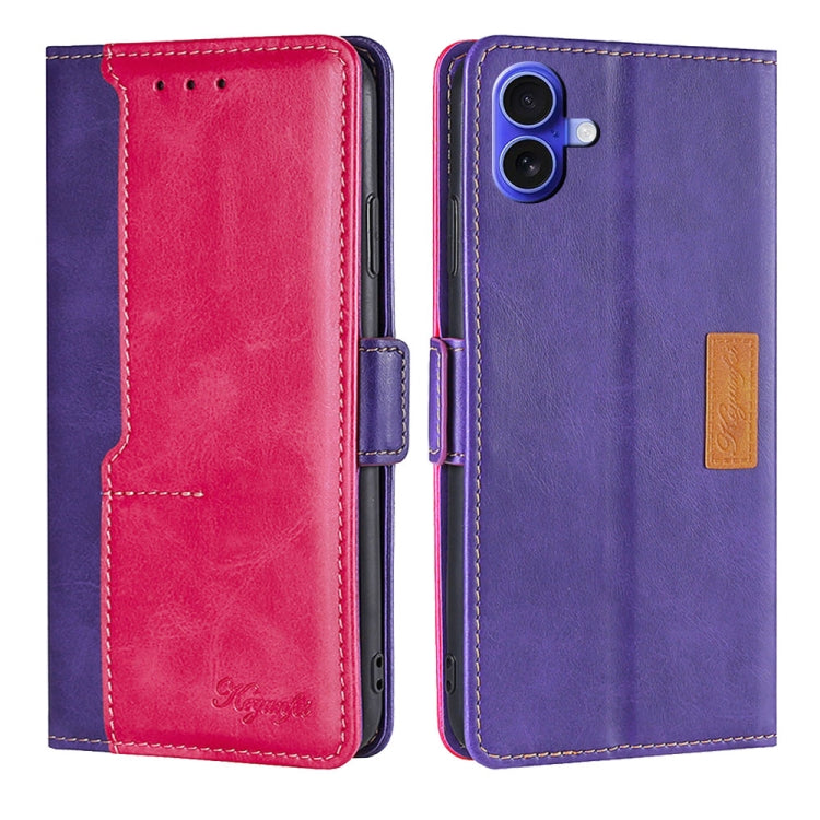 For iPhone 16 Contrast Color Side Buckle Leather Phone Case(Purple + Rose Red) - iPhone 16 Cases by buy2fix | Online Shopping UK | buy2fix