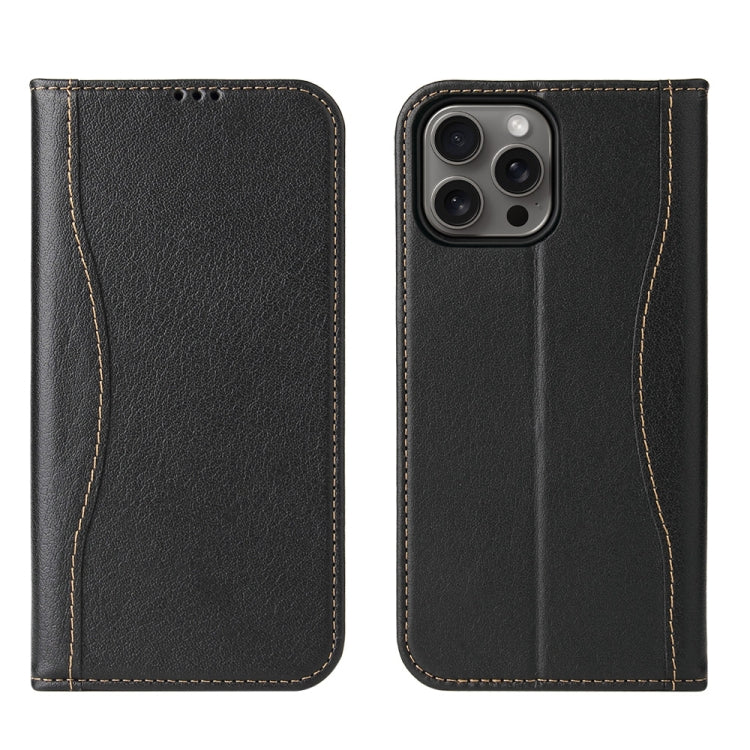 For iPhone 16 Pro Fierre Shann Cowhide Leather Flip Leather Phone Case(Black) - iPhone 16 Pro Cases by FIERRE SHANN | Online Shopping UK | buy2fix