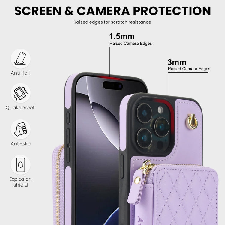 For iPhone 16 Pro AwQuer Crossbody Zipper Wallet Rhombic Leather Back Phone Case(Purple) - iPhone 16 Pro Cases by Awquer | Online Shopping UK | buy2fix