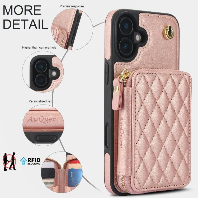 For iPhone 16 Plus AwQuer Crossbody Zipper Wallet Rhombic Leather Back Phone Case(Rose Gold) - iPhone 16 Plus Cases by Awquer | Online Shopping UK | buy2fix