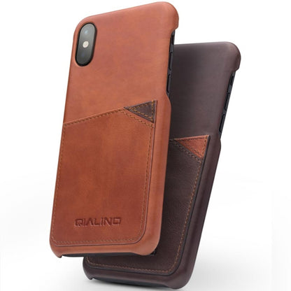 For iPhone X / XS QIALINO Shockproof Cowhide Leather Protective Case with Card Slot(Light Brown) - More iPhone Cases by QIALINO | Online Shopping UK | buy2fix