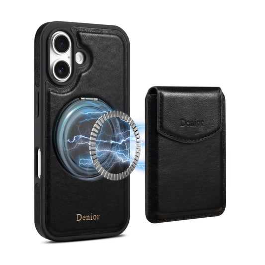 For iPhone 16 Denior D22 Genuine Leather MagSafe Holder Detachable Card Slot Phone Case(Black) - iPhone 16 Cases by Denior | Online Shopping UK | buy2fix