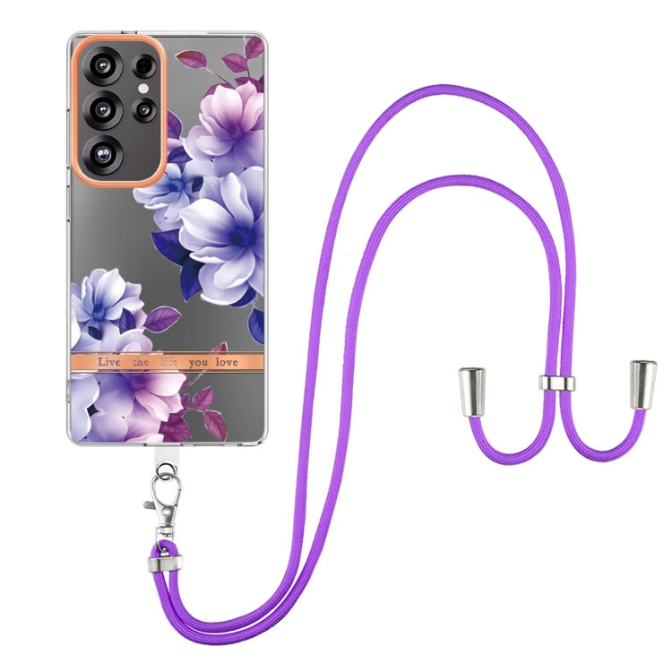 For Samsung Galaxy S25 Ultra 5G Flowers and Plants Series IMD TPU Phone Case with Lanyard(Purple Begonia) - Galaxy S25 Ultra 5G Cases by buy2fix | Online Shopping UK | buy2fix