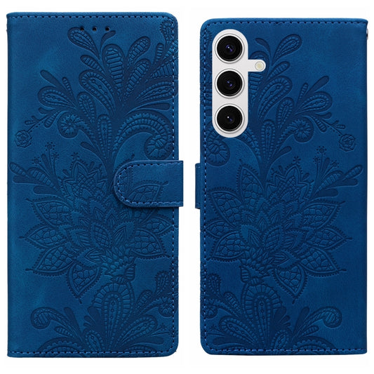 For Samsung Galaxy S25 5G Lace Floral Embossed Magnetic Buckle PU Phone Case With Wrist Strap(Blue) - Galaxy S25 5G Cases by buy2fix | Online Shopping UK | buy2fix