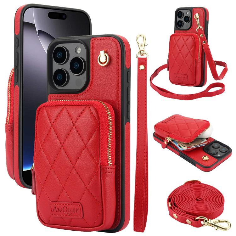 For iPhone 16 Pro AwQuer Crossbody Zipper Wallet Bag Litchi Leather Phone Case(Red) - iPhone 16 Pro Cases by Awquer | Online Shopping UK | buy2fix