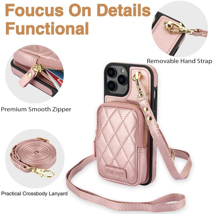 For iPhone 16 Plus AwQuer Crossbody Zipper Wallet Bag Litchi Leather Phone Case(Rose Gold) - iPhone 16 Plus Cases by Awquer | Online Shopping UK | buy2fix