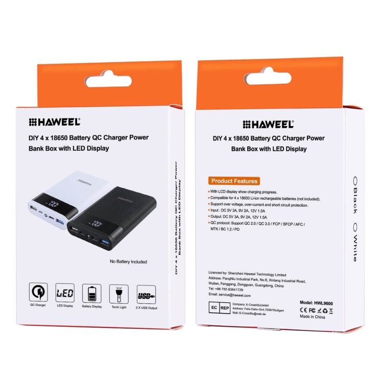HAWEEL DIY 4x 18650 Battery (Not Included) 12000mAh Dual-way QC Charger Power Bank Shell Box with 2x USB Output & Display,  Support QC 2.0 / QC 3.0 / FCP / SFCP /  AFC / MTK / BC 1.2 / PD(White) - Power Bank Box by buy2fix | Online Shopping UK | buy2fix