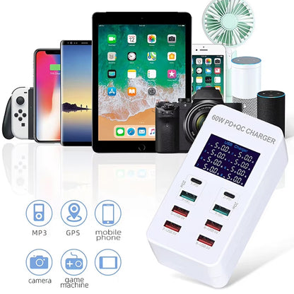 A8T 60W 8 Ports USB + QC3.0 + PD Type-C Smart Charging Station with Digital Display AC100-240V, UK Plug - Multifunction Charger by buy2fix | Online Shopping UK | buy2fix