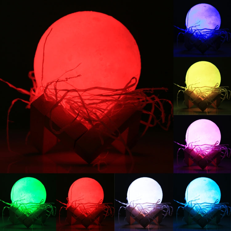 8cm Touch Control 3D Print Moon Lamp, USB Charging 7-color Changing LED Energy-saving Night Light with Wooden Holder Base - Night Lights by buy2fix | Online Shopping UK | buy2fix