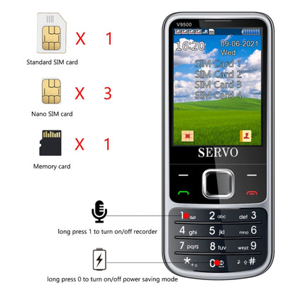 SERVO V9500 Mobile Phone, Russian Key, 2.4 inch, Spredtrum SC6531CA, 21 Keys, Support Bluetooth, FM, Magic Sound, Flashlight, GSM, Quad SIM(Black) - SERVO by SERVO | Online Shopping UK | buy2fix