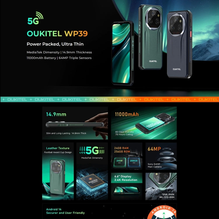 [HK Warehouse] Oukitel WP39 5G Rugged Phone, 6GB+256GB, Night Vision, Fingerprint Identification, 6.6 inch MediaTek Dimensity 6100+ Octa Core, NFC, OTG, Network: 5G (Green) - Other by OUKITEL | Online Shopping UK | buy2fix