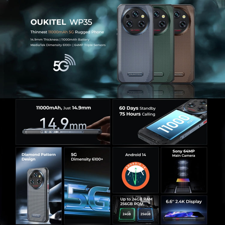 [HK Warehouse] Oukitel WP35 5G Rugged Phone, 8GB+256GB, IP68/IP69K Fingerprint Identification, 11000mAh, 6.6 inch MediaTek Dimensity 6100+ Octa Core, NFC, OTG, Network: 5G (Green) - Other by OUKITEL | Online Shopping UK | buy2fix