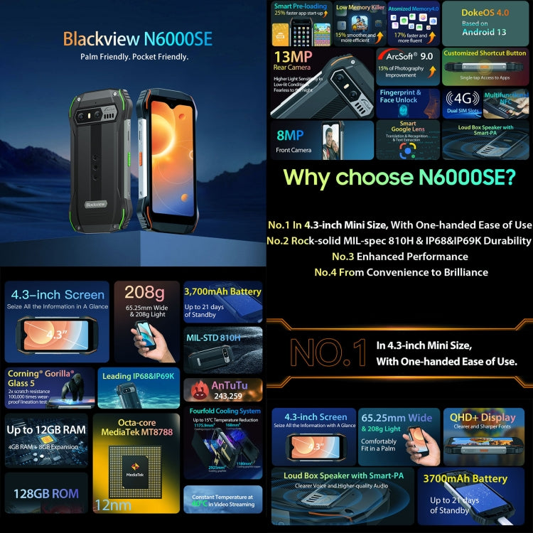 [HK Warehouse] Blackview N6000SE, IP68/IP69K/MIL-STD-810H, 4GB+128GB, 4.3 inch Android 13 MediaTek MT8788 Octa Core, Network: 4G, OTG, NFC (Green) - Blackview by Blackview | Online Shopping UK | buy2fix