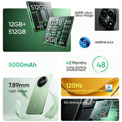 Realme 12x, 12GB+256GB, Side Fingerprint Identification, 6.67 inch Realme UI 5.0 Dimensity 6100+ 5G Octa Core, NFC, Network: 5G, Support Google Play (Feather Green) - OPPO by Realme | Online Shopping UK | buy2fix