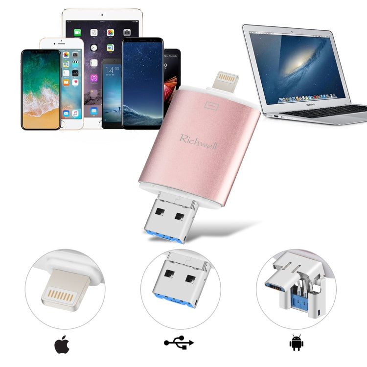 Richwell 3 in 1 16G Type-C + 8 Pin + USB 3.0 Metal Double Cover Push-pull Flash Disk with OTG Function(Rose Gold) - U Disk & Card Reader by Richwell | Online Shopping UK | buy2fix