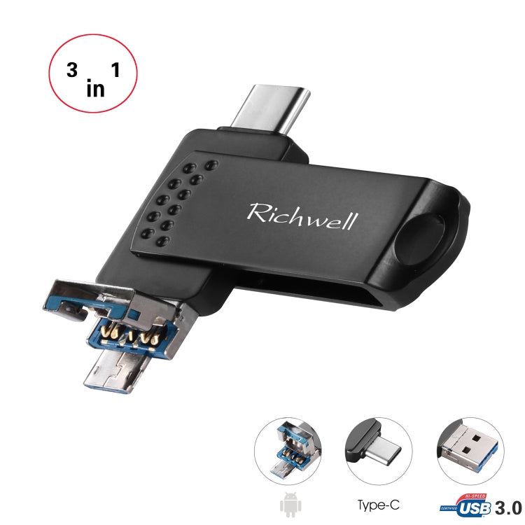 Richwell 3 in 1 16G Type-C + Micro USB + USB 3.0 Metal Flash Disk with OTG Function(Black) - U Disk & Card Reader by Richwell | Online Shopping UK | buy2fix