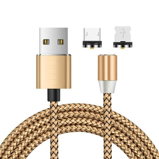 2 in 1 USB to 8 Pin + Micro USB Magnetic Metal Interface Nylon Braided Charging Cable, Length: 1m(Gold) - Charging Cable & Head by buy2fix | Online Shopping UK | buy2fix