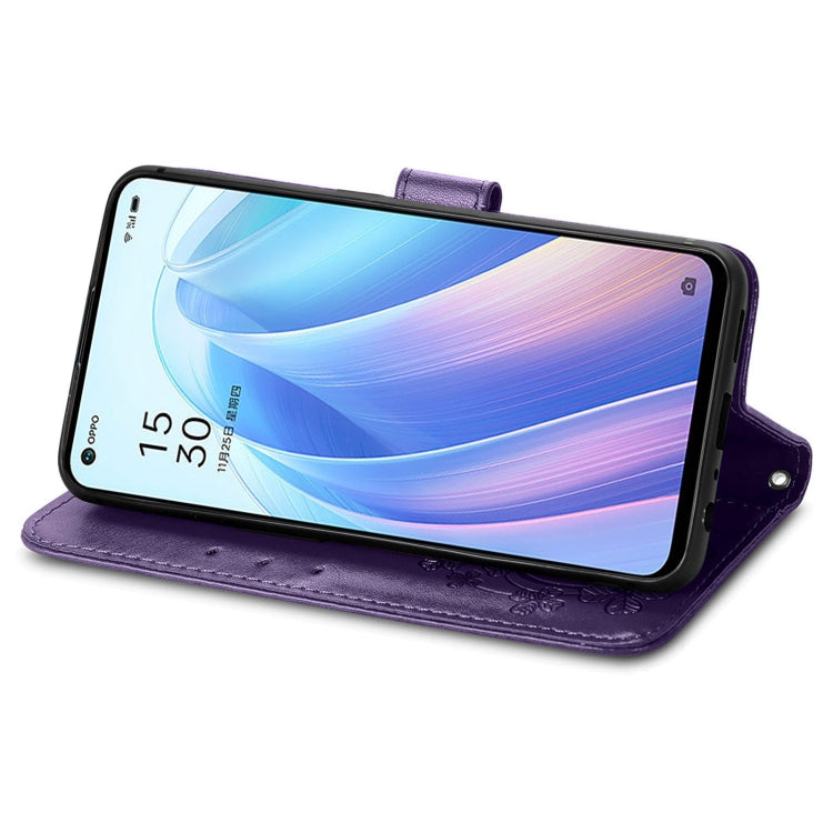 For OPPO Reno7 5G Four-leaf Clasp Embossed Buckle Leather Phone Case(Purple) - OPPO Cases by buy2fix | Online Shopping UK | buy2fix