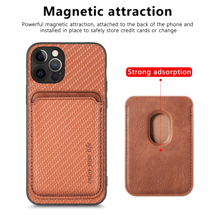 For iPhone 12 Pro Carbon Fiber Leather Card Magsafe Magnetic Phone Case(Brown) - iPhone 12 / 12 Pro Cases by buy2fix | Online Shopping UK | buy2fix