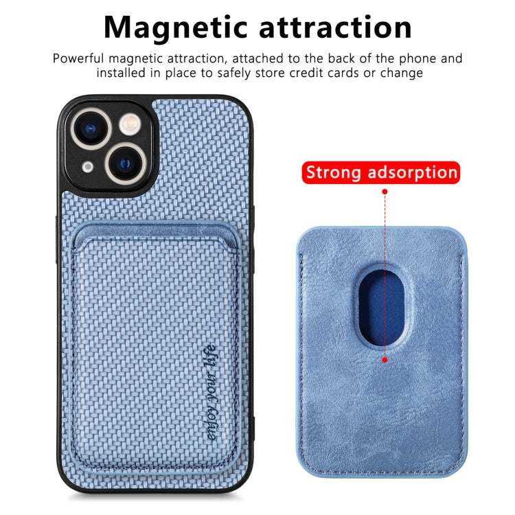 For iPhone 14 Plus Carbon Fiber Leather Card Magsafe Magnetic Phone Case(Blue) - iPhone 14 Plus Cases by buy2fix | Online Shopping UK | buy2fix