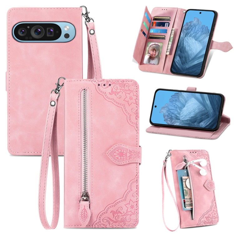 For Google Pixel 9 Pro Embossed Flower Zipper Leather Phone Case(Pink) - Google Cases by buy2fix | Online Shopping UK | buy2fix