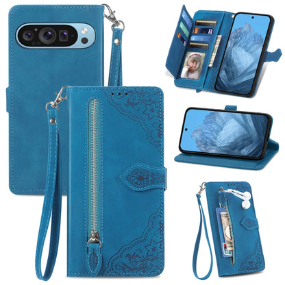 For Google Pixel 9 Embossed Flower Zipper Leather Phone Case(Blue) - Google Cases by buy2fix | Online Shopping UK | buy2fix