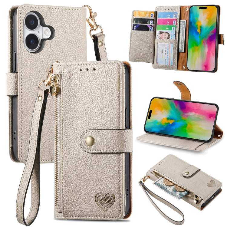 For iPhone 16 Love Zipper Lanyard Leather Phone Case(Gray) - iPhone 16 Cases by buy2fix | Online Shopping UK | buy2fix