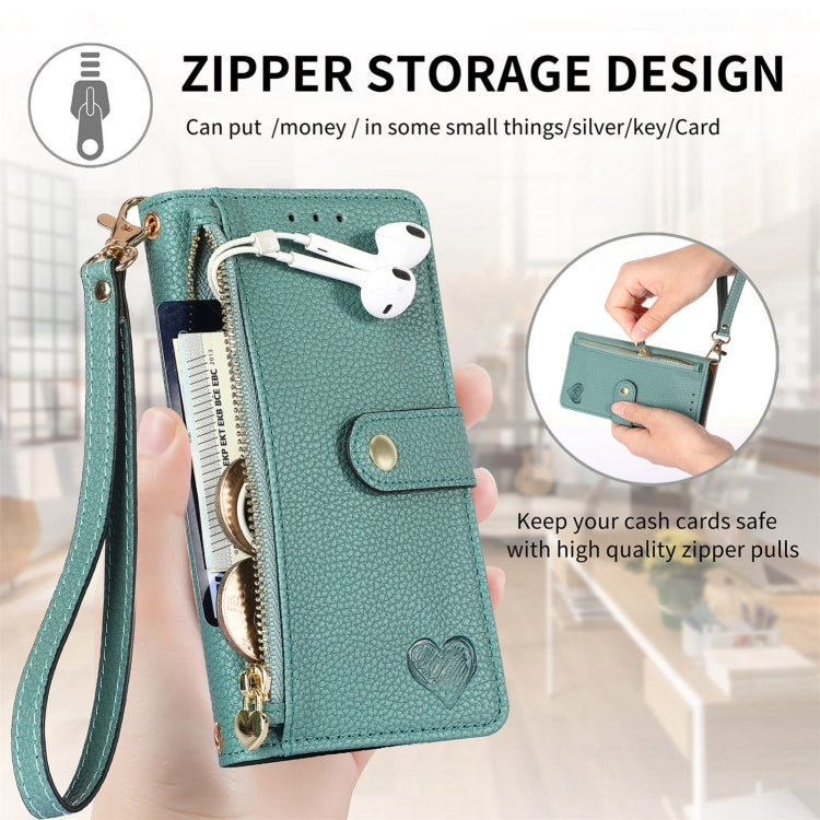 For iPhone 16 Plus Love Zipper Lanyard Leather Phone Case(Green) - iPhone 16 Plus Cases by buy2fix | Online Shopping UK | buy2fix