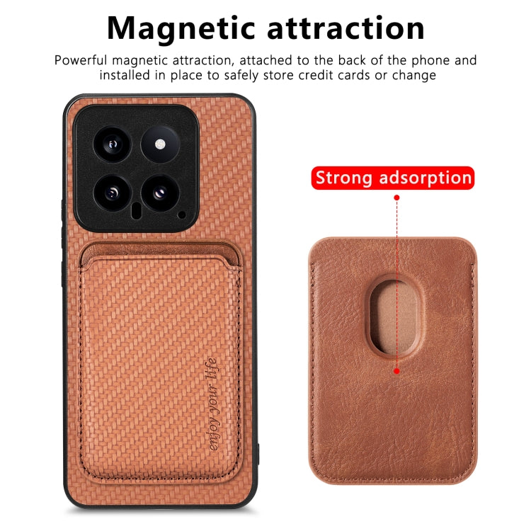 For Xiaomi 14 Carbon Fiber Leather Card Magnetic Phone Case(Brown) - 14 Cases by buy2fix | Online Shopping UK | buy2fix