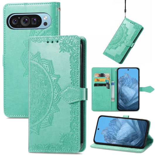 For Google Pixel 9 Mandala Flower Embossed Leather Phone Case(Green) - Google Cases by buy2fix | Online Shopping UK | buy2fix