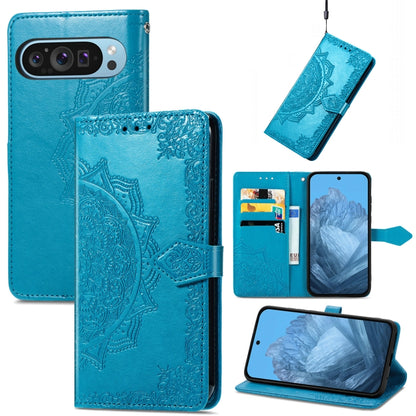 For Google Pixel 9 Mandala Flower Embossed Leather Phone Case(Blue) - Google Cases by buy2fix | Online Shopping UK | buy2fix