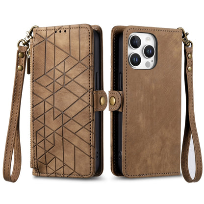 For iPhone 16 Pro Max Geometric Zipper Wallet Side Buckle Leather Phone Case(Brown) - iPhone 16 Pro Max Cases by buy2fix | Online Shopping UK | buy2fix