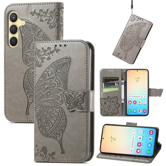 For Samsung Galaxy S25 5G Butterfly Love Flower Embossed Leather Phone Case(Gray) - Galaxy S25 5G Cases by buy2fix | Online Shopping UK | buy2fix