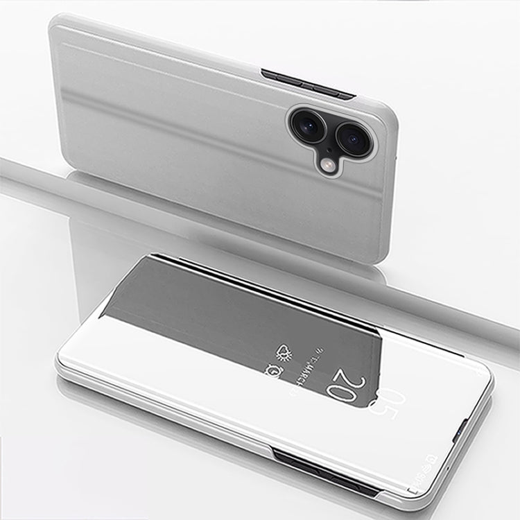 For iPhone 16 Plus Plated Mirror Horizontal Flip Leather Phone Case with Holder(Silver) - iPhone 16 Plus Cases by buy2fix | Online Shopping UK | buy2fix