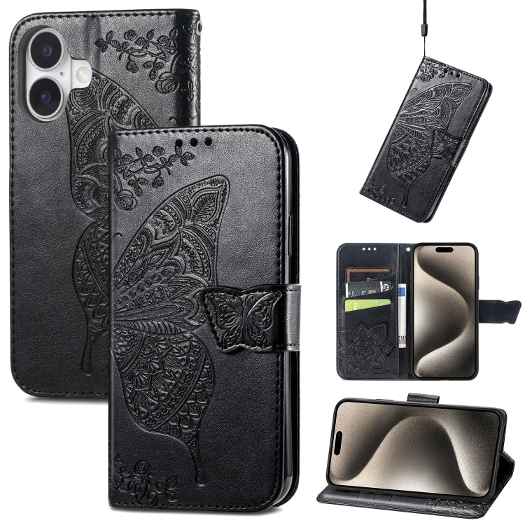 For iPhone 16 Butterfly Love Flower Embossed Leather Phone Case(Black) - iPhone 16 Cases by buy2fix | Online Shopping UK | buy2fix