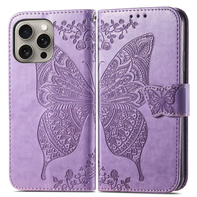 For iPhone 16 Pro Butterfly Love Flower Embossed Leather Phone Case(Lavender) - iPhone 16 Pro Cases by buy2fix | Online Shopping UK | buy2fix