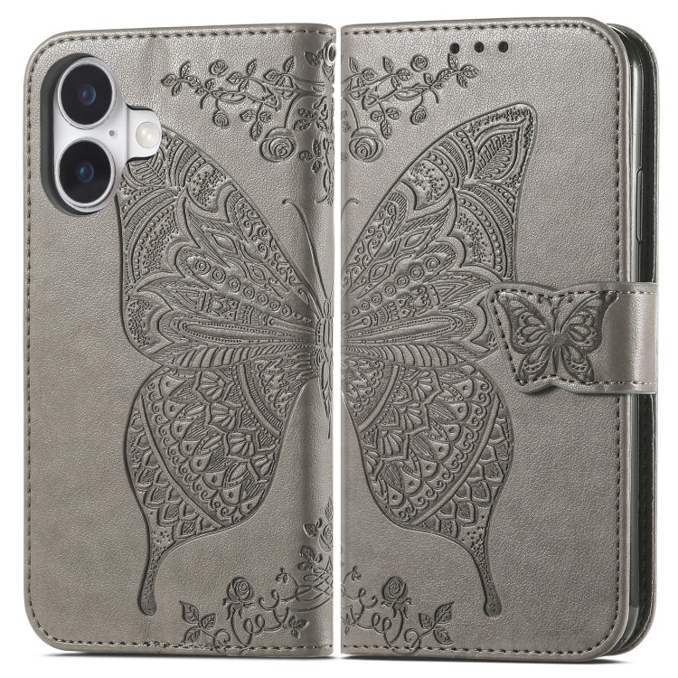 For iPhone 16 Plus Butterfly Love Flower Embossed Leather Phone Case(Gray) - iPhone 16 Plus Cases by buy2fix | Online Shopping UK | buy2fix