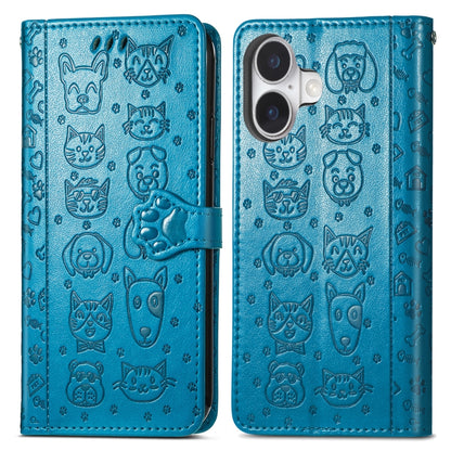 For iPhone 16 Cat and Dog Embossed Leather Phone Case(Blue) - iPhone 16 Cases by buy2fix | Online Shopping UK | buy2fix